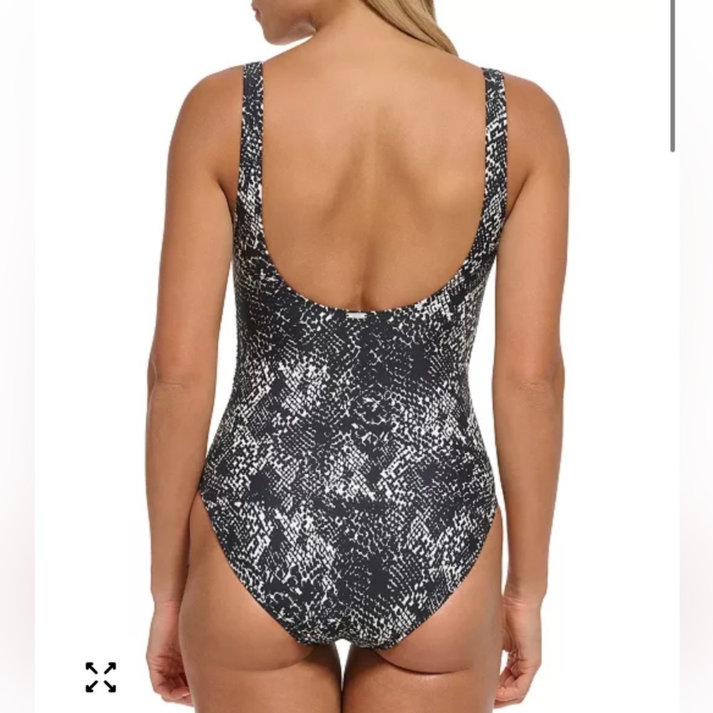 DKNY Snakeskin Print One Piece Swimsuit Ruched Mesh Black White Size 4 - Picture 2 of 7
